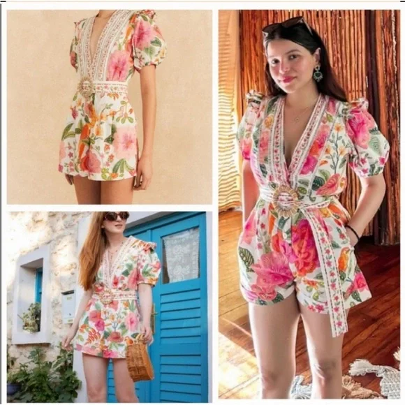 Farm Rio Macaw Bloom Cotton Romper XS